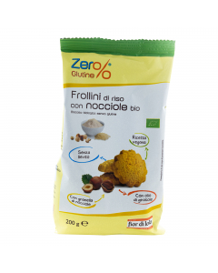 Frollini di riso con nocciole senza glutine. Prodotto dolciario da forno biologico senza glutine specificamente formulato per celiaci. Confezione 200gr. 
Ingredienti: Farina di riso 16%, zucchero di canna, farina di mais, olio di semi di girasole altoleic