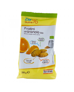 Frollini biologici all'arancia senza glutine. Prodotto da forno senza glutine specificamente formulato per celiaci. Confezione 200gr. 
Ingredienti: Farina di riso 15 %, farina di mais 14,8%, zucchero di canna, olio di girasole alto oleico, amido di mais, 