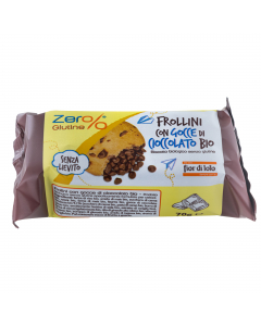 Gustosi frollini con gocce di cioccolato, biologici e senza glutine. Ingredienti: Farina di riso, amido di mais, zucchero di canna, uova, farina di mais, burro, gocce di cioccolato fondente 9,1 % (zucchero di canna, pasta di cacao, burro di cacao, emulsio