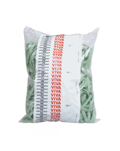 Sacchetto da 1kg di elastici in gomma verde a fettuccia larga 8mm.