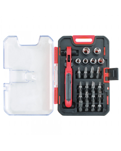 Cricchetto reversibile con soft grip da 1/4" e portabits magnetico. Nr.6 bussole esagonali da 5 a 10mm. Inserti in acciaio cromo vanadio, nr.3 per viti con intaglio, nr.3 esagonale, nr.4 phillips, nr.3 pozidriv, nr.3 torx.