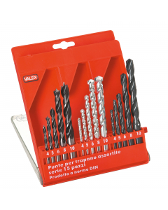 5 punte per metallo HSS misure Ø 4-5-6-8-10mm - 5 punte per legno Ø 4-5-6-8-10mm - 5 punte per muro Ø 4-5-6-8-10mm con placchetta in metallo duro. Lunghezza 75-130mm.