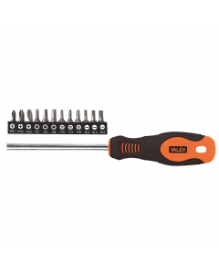 Cacciavite portainserto magnetico con attacco da 1/4''. Inserti in acciaio CRV. Contiene nr.3 perviti con intaglio, nr.3 phillips, nr.3 torx e nr.3 esagonale.
