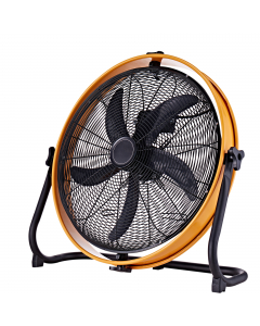 Ventilatore da terra tamburato. A 3 velocità, con ø60cm.  Orientabile sia in orizzontale che in verticale. Possibilità di attacco a parete. Angolazione regolabile. Colore: giallo e nero. Dimensioni: 66x21xH67cm. Peso: 5,4kg. AC 220-240V - 50Hz 120W. Decib