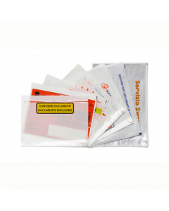 Buste trasparenti in polietilene portadocumenti. Adesive lato corto. Impermeabile. Utilizzabili per contenere, all'esterno degli imballi, documenti di trasporto, libretti di garanzia, manuali d'uso. Neutra.
