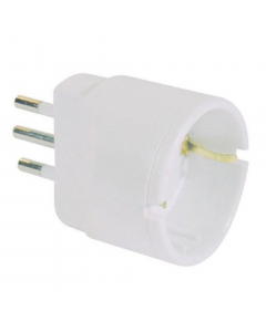 Adattatore semplice, spina standard italiano 2P+T 10 A, presa con alveoli schermati standard tedesco (Schuko) 2P+T laterale e centrale 10 A. Certificato IMQ.