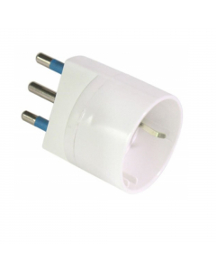 Adattatore semplice, spina standard italiano 2P+T 16 A, presa con alveoli schermati standard tedesco (Schuko) 2P+T laterale e centrale 16 A. Certificato IMQ.