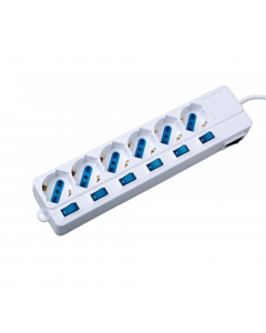 Presa multipla bianca con interruttori singoli luminosi. Spina standard italiano 2P+T 16 A. 6 prese multistandard italiano/tedesco (bipasso/Schuko) 2P+T 10/16 A a ricettivitÓ multipla con alveoli schermati. Cavo: 3x1,0 mm¦, lunghezza 1,5 metri.
