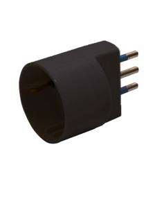Adattatore semplice, spina standard italiano 2p+t 10A, una presa con alveoli schermati standard 2p+t laterale e centrale 16A, certificato IMQ.