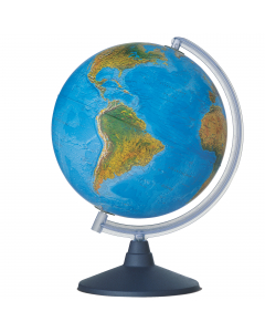 "Globo geografico illuminato. cavo elettrico di almeno 150cm. Conforme alle normative vigenti. La cartografia fisica con la luce diventa politica. Base antiurto in resina color blu e robusto arco con finitura ""cristallo satinato"" azzurro. Diametro globo