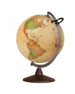 Globo geografico illuminato. Cavo elettrico di almeno 150cm (conforme alle normative vigenti).La cartografia fisica, con la luce diventa politica. Base e semimeridiano in resina color oro. Supporto in plastica per il fissaggio della lente d'ingrandimento 
