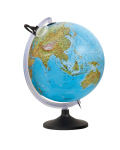 "Globo geografico illuminato. Cavo elettrico di almeno 150cm (conforme alle normative vigenti). Catene montuose in rilievo, tridimensionali, evidenti sia alla vista che al tatto. La cartografia fisica, con la luce diventa politica.Base pesante e semimerid