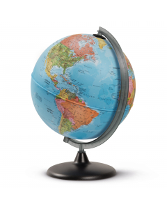 Globo non luminoso, cartografia politica. Base in resina nera, meridiano fumé. Fornito smontato in scatola.