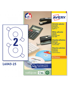 Confezione da 25 fogli di carta nel formato A4 adesiva permanente bianca opaca. Ogni foglio contiene 2 etichette CD/DVD con foro da41mm diametro 117mm.  Etichette a copertura parziale della superficie del CD. Pratiche alette su tutte le etichette per CD e