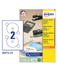 Confezione da 25 fogli di carta nel formato A4 adesiva permanente bianca opaca. Ogni foglio contiene 2 etichette CD/DVD con diametro da 117mm full-face a copertura totale. Stampa inkjet. Tecnologia QuickDry. Pratiche alette su tutte le etichette per CD e 
