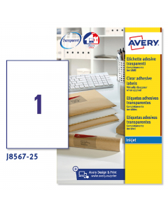 Confezione da 25 fogli in A4 in poliestere trasparente adesivo permanente. Adatte per stampanti Inkjet. Tecnologia QuickDry.