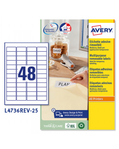 Confezione da 25 fogli nel formato A4 in carta bianca con adesivo rimovibile. Ogni foglio contiene 48 etichette con angoli tondi nel formato 45,7x21,2mm. Per stampanti Inkjet, Laser, Laser a colori. L'etichetta aderisce su diversi tipi di superfici rimovi