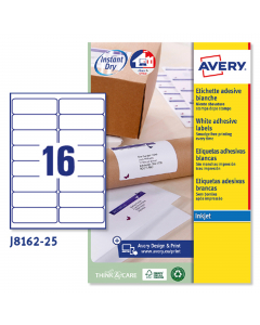 Confezione da 25 fogli in formato A4 in carta adesiva bianca. Ogni foglio contiene 16 etichette rettangolari con angoli tondi nel formato 99,1 x 33,9 mm. Adatto per stampanti inkjet. Tecnologia QuickDry.