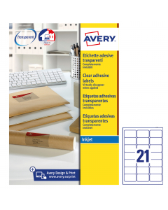 Confezione da 25 fogli in A4 in poliestere trasparente adesivo permanente. Adatte per stampanti Inkjet. Tecnologia QuickDry.