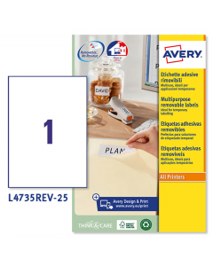 Confezione da 25 fogli nel formato A4 in carta bianca con adesivo rimovibile. Ogni foglio contiene 1 etichette nel formato 210x297mm. Per stampanti Inkjet, Laser, Laser a colori. L'etichetta aderisce su diversi tipi di superfici rimovibile senza lasciare 