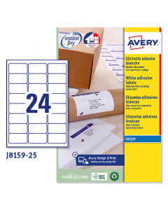 Confezione da 25 fogli in formato A4 in carta adesiva bianca. Ogni foglio contiene 24 etichette rettangolari con angoli tondi nel formato 63,5 x 33,9 mm. Adatto per stampanti inkjet. Tecnologia QuickDry.