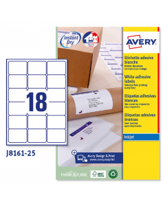 Confezione da 25 fogli in formato A4 in carta adesiva bianca. Ogni foglio contiene 18 etichette rettangolari con angoli tondi nel formato 63,5 x 46,6 mm. Adatto per stampanti inkjet. Tecnologia QuickDry.