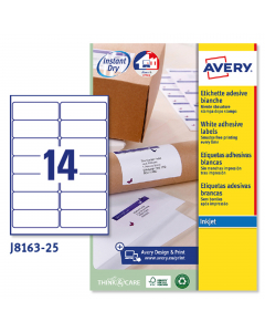Confezione da 25 fogli in formato A4 in carta adesiva bianca. Ogni foglio contiene 14 etichette rettangolari con angoli tondi nel formato 99,1 x 38,1 mm. Adatto per stampanti inkjet. Tecnologia QuickDry.