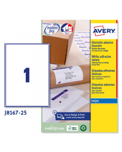 Confezione da 25 fogli in formato A4 in carta adesiva bianca. Ogni foglio contiene 1 etichette rettangolari con angoli tondi nel formato 199,6 x 289,1 mm. Adatto per stampanti inkjet. Tecnologia QuickDry.