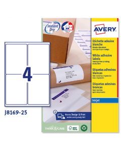 Confezione da 25 fogli in formato A4 in carta adesiva bianca. Ogni foglio contiene 4 etichette rettangolari con angoli tondi nel formato 99,1 x 139 mm. Adatto per stampanti inkjet. Tecnologia QuickDry.