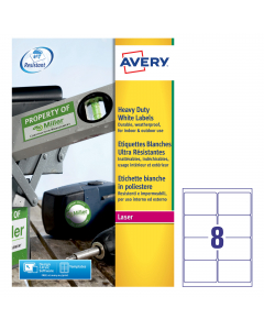 Scatola da 20fogli in A4 di poliestere bianco adesivo permanente. Materiale ultra resistente e adatto ad essere sottoposto a tutte le condizioni atmosferiche, all'olio, allo sporco e ai raggi UV.  Adatta per stampanti laser bianco e nero e colori. Ogni fo