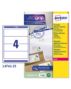 Confezione da 25 fogli in formato A4 di etichette in carta bianca coprente adesiva permanente. Ogni foglio continene 4 etichette rettangolari con angoli tondi nel formato 192x61mm. Stampa Laser monocolore, Laser a colori, Inkjet.