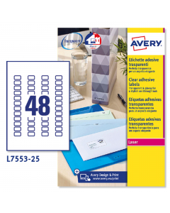 Scatola da 25 fogli nel formato A4 di poliestere trasparente patinato opaco con adesivo permanente. Su ogni foglio ci sono 48 etichette rettangolari nel formato 22 x 12,7 mm con angoli tondi. Adatto a stampanti laser, Laser a colori.