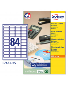 Scatola da 25 fogli di etichette in carta adesiva. Ogni foglio contiene 84 mini etichette con angoli tondi nel formato 46x11,11mm. Per stampanti Inkjet e Laser.