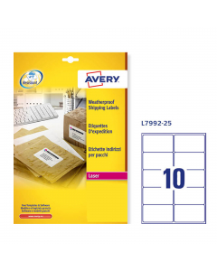 Etichette in poliestere bianco resistono all'acqua, allo sporco, agli strappi e ai raggi UV, alle temperature da -20°C a +80°C. Possono essere applicate su metallo, vetro, plastica e legno. Ideali per uso esterno. Confezione da 20fogli in A4. Per stampant