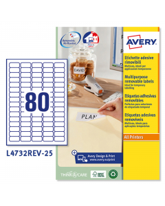 Confezione da 25 fogli nel formato A4 in carta bianca con adesivo rimovibile. Ogni foglio contiene 80 etichette con angoli tondi nel formato 36,6x16,9mm. Per stampanti Inkjet, Laser, Laser a colori. L'etichetta aderisce su diversi tipi di superfici rimovi