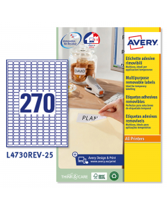 Confezione da 25 fogli nel formato A4 in carta bianca con adesivo rimovibile. Ogni foglio contiene 270 etichette con angoli tondi nel formato 17,8x10mm. Per stampanti Inkjet, Laser, Laser a colori. L'etichetta aderisce su diversi tipi di superfici rimovib